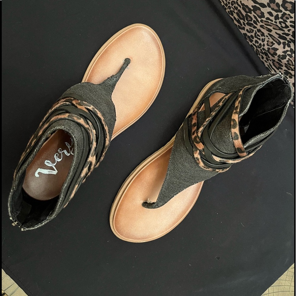 Carla Gypsy Jazz Black Sandals with Leopard Criss Cross Strap Detail.